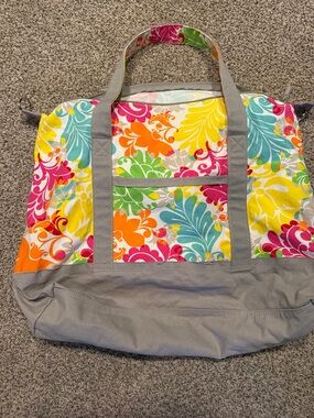 Over sized Canvas Floral Multi-Color Tote Bag with Gray Trim